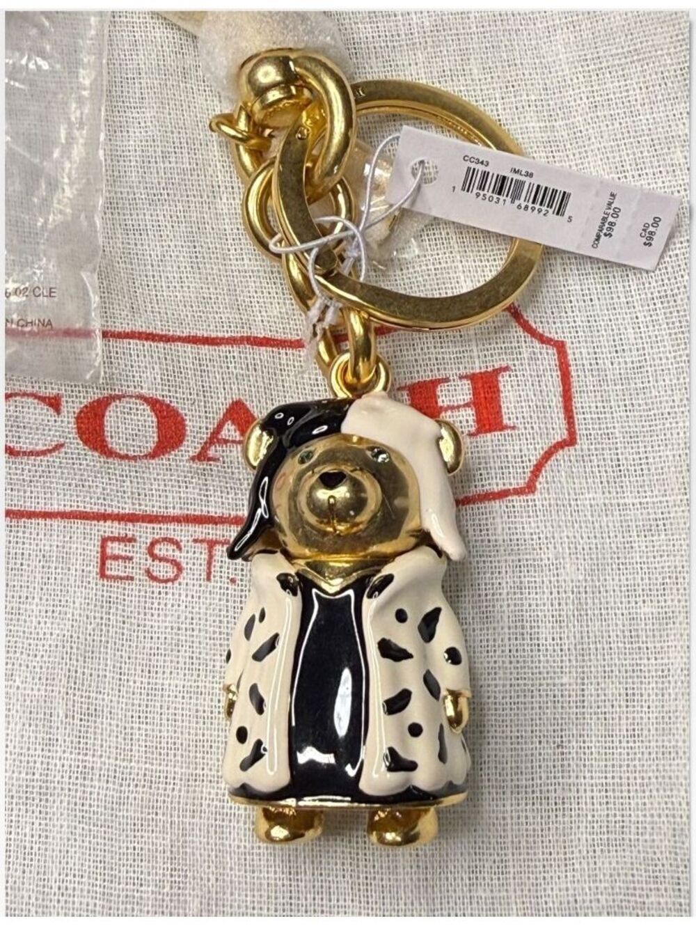 Coach x Disney Cruella Bear Bag Charm Keychain CC343 Gold Black White NWT - Picture 5 of 8